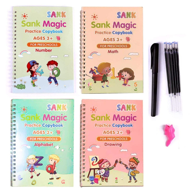 Kit 4 Cadernos de Caligrafia Mágicos Reutilizáveis – Aprenda e Pratique Sem Fim!